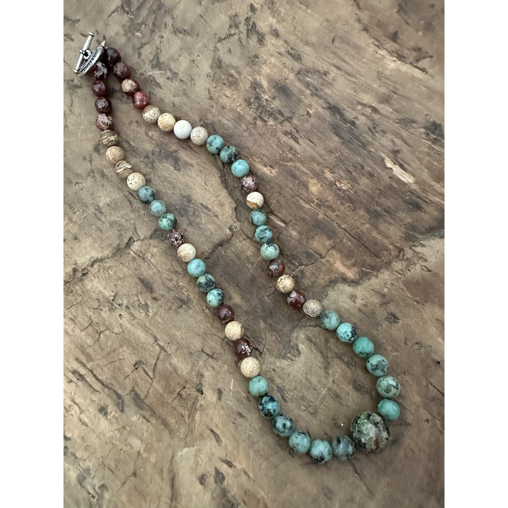 Aqua Terra Agate‎ Natural Stone Beaded Necklace Pewter Sunburst Toggle Clasp